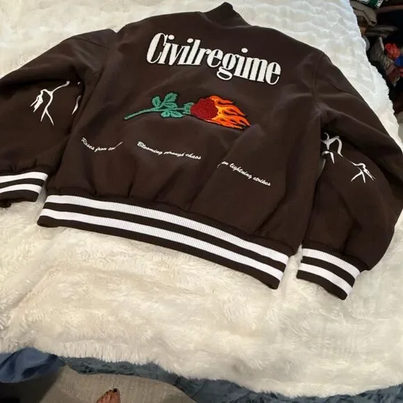 NWT civil regime, brown bomber varsity jacket size large - Picture 2 of 4